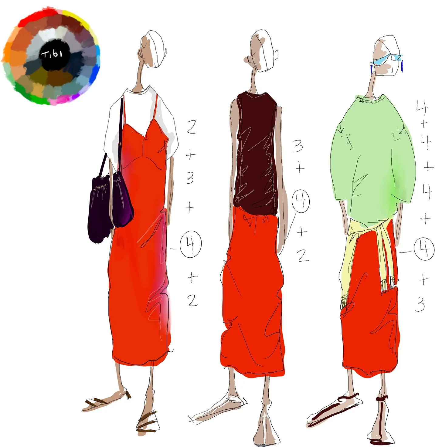 Fashion sketches of models wearing red garments with colorful accessories.