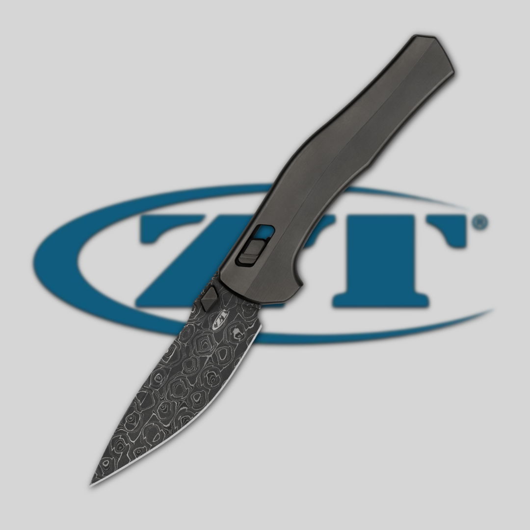 Black folding knife in front of a ZT logo.