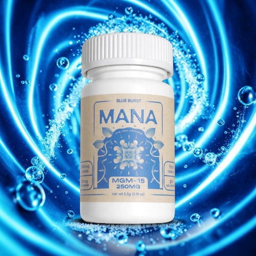 Bottle of MANA supplement against a blue swirling background.