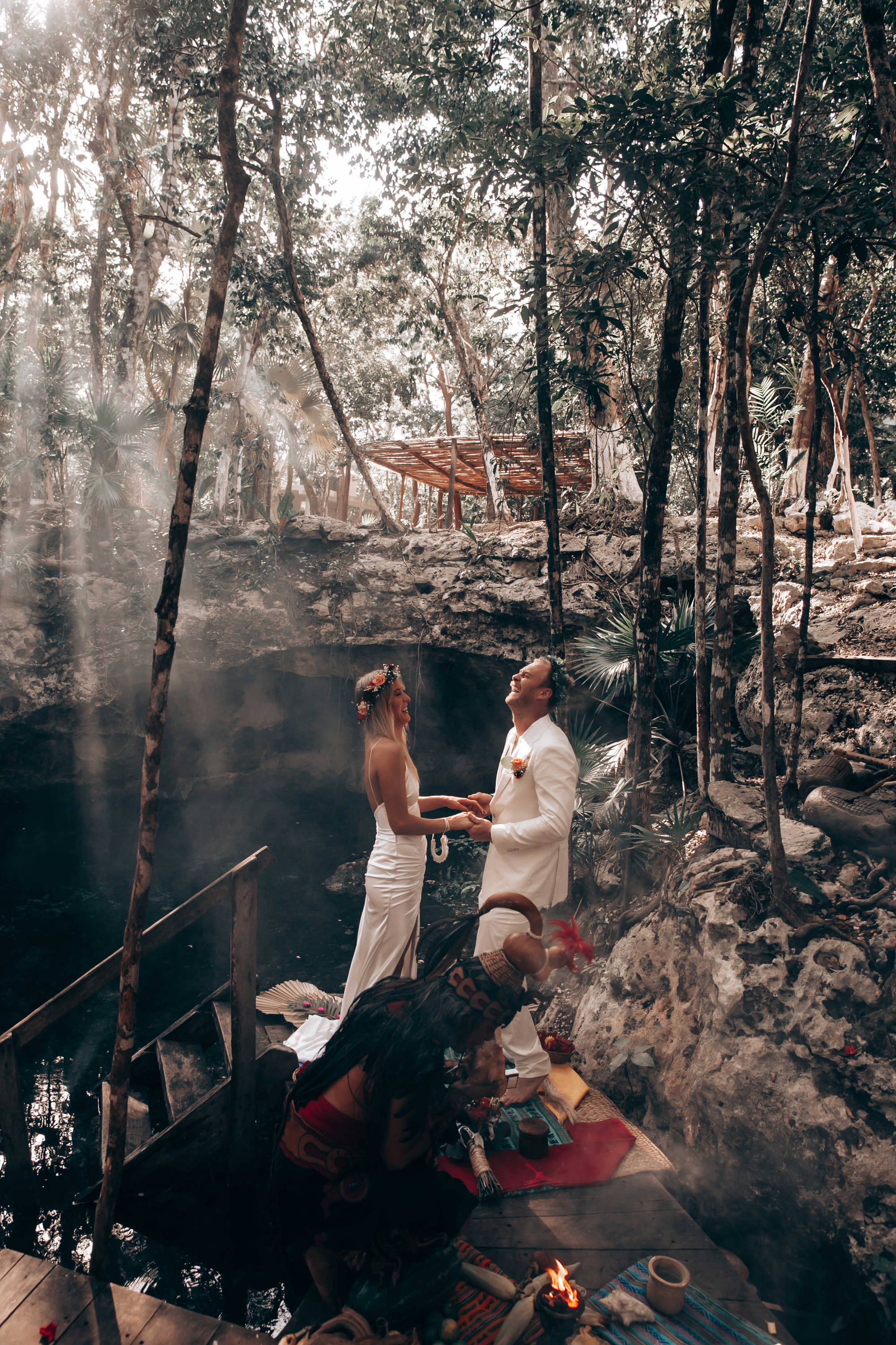 Bride and groom laughing together