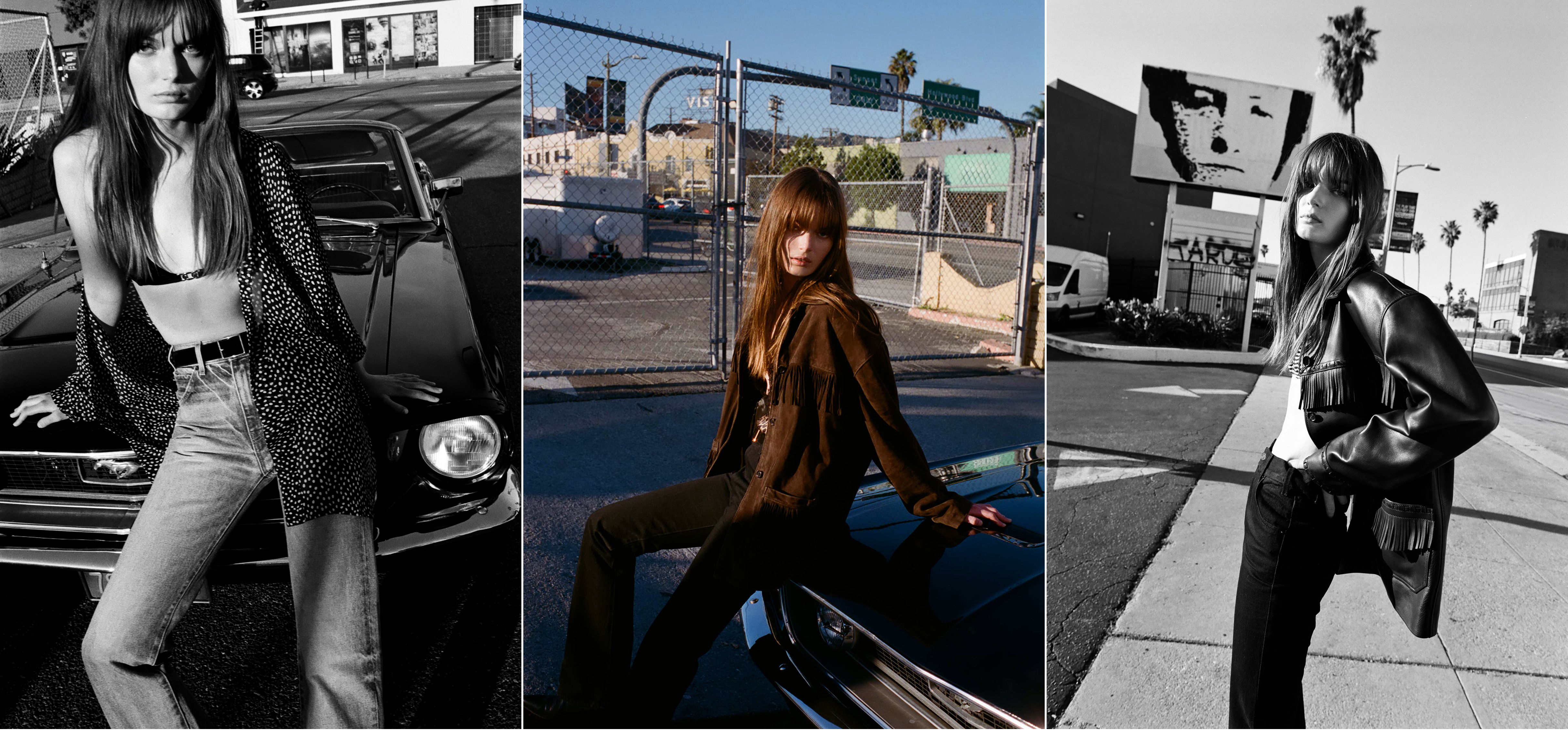 Three stylish photos of a woman posing in urban settings.
