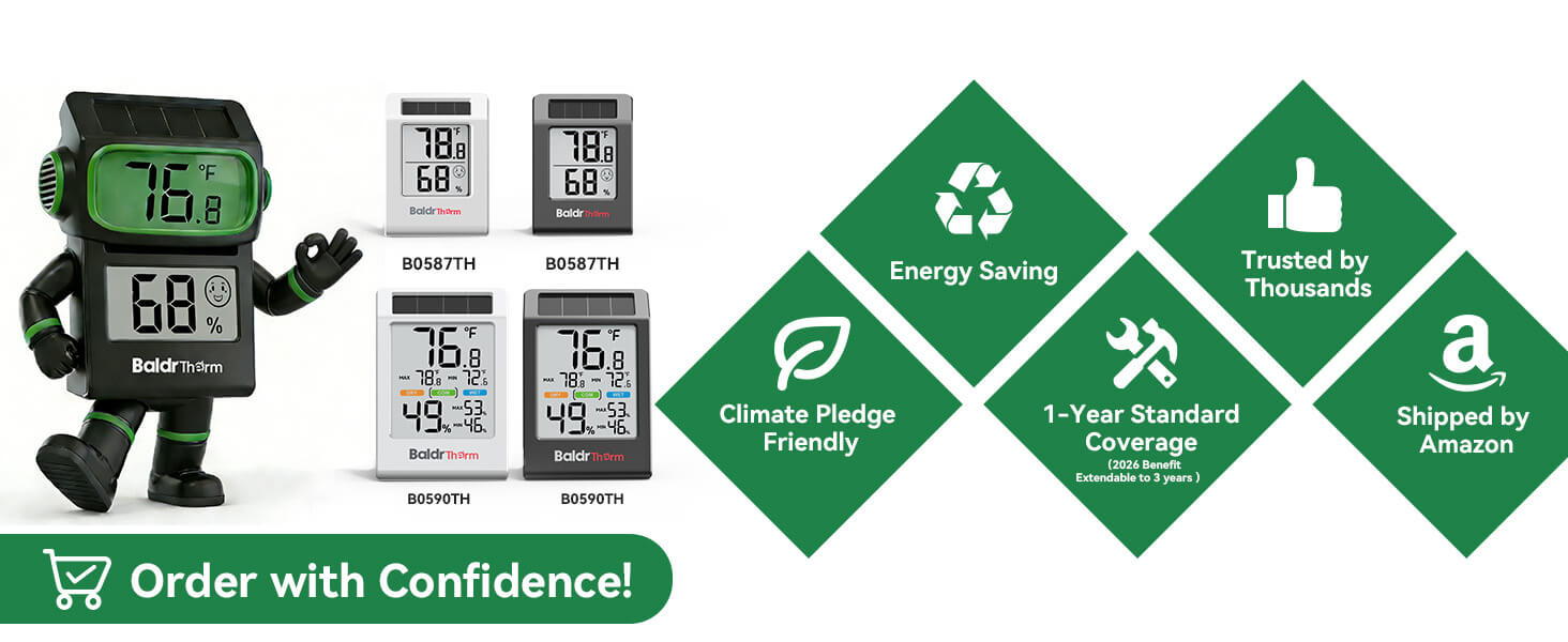 Green character with products and benefits listed on the right.