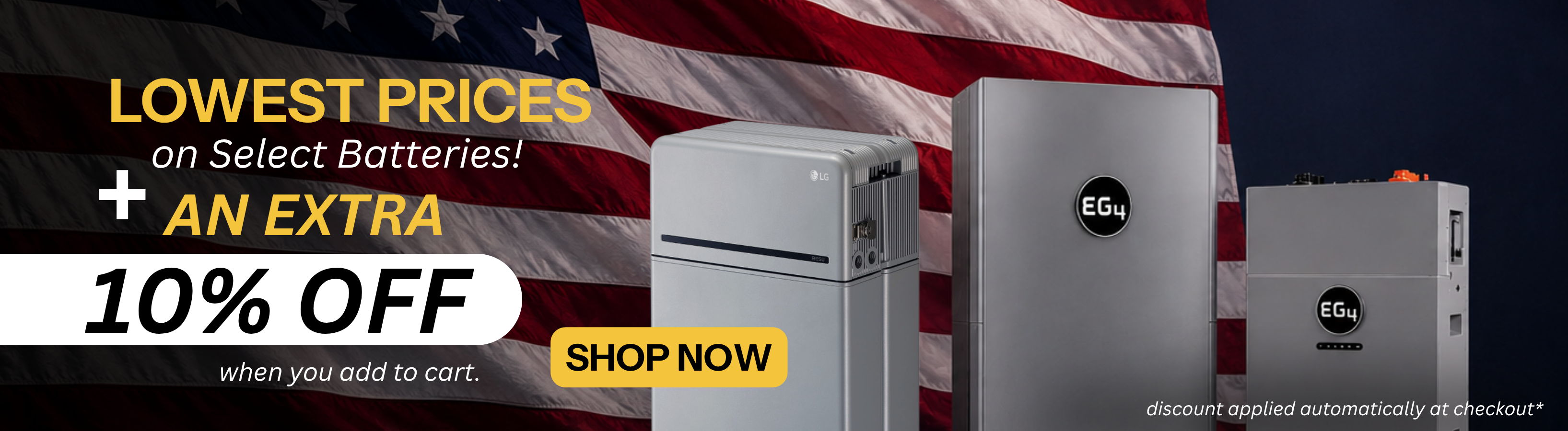 Promotional banner for 10% off select batteries showing LG and EG4 with prices and discount offer.