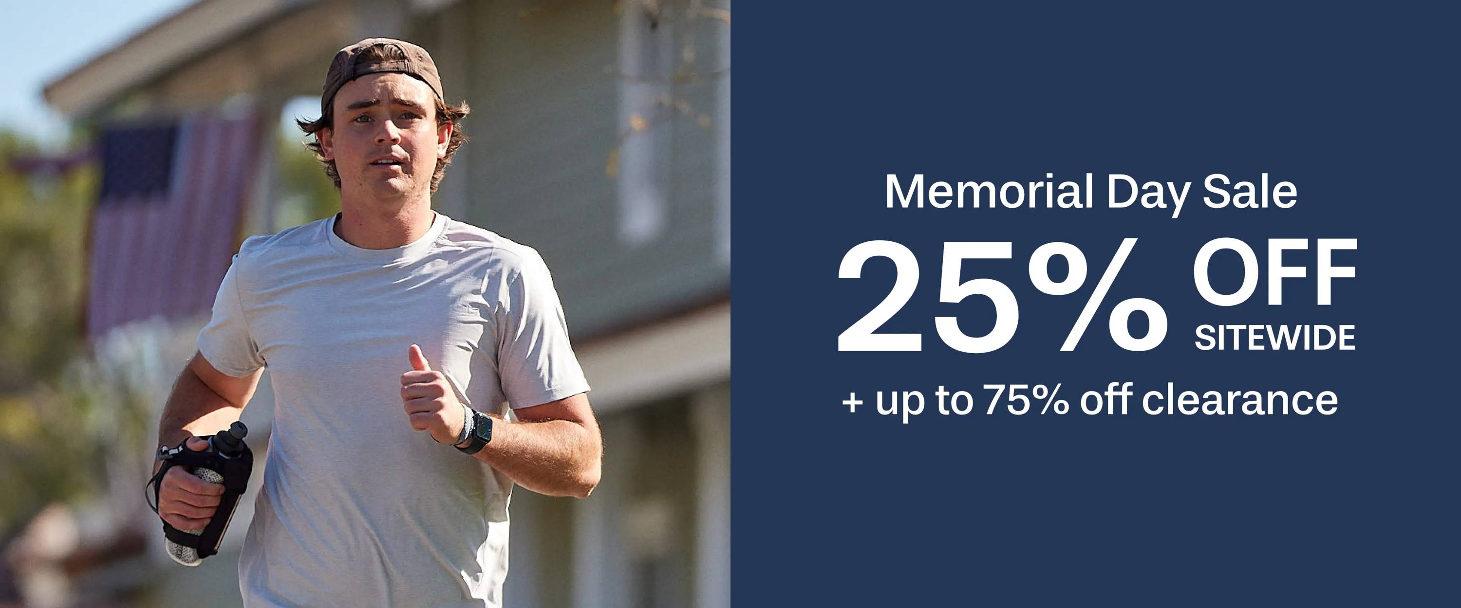 male runner with handheld water bottle on left, Memorial Day Sale 25% OFF Sitewide + up to 75% off clearance on right