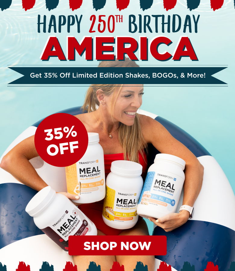 Woman in swimsuit promoting 250th birthday sale with protein shakes.