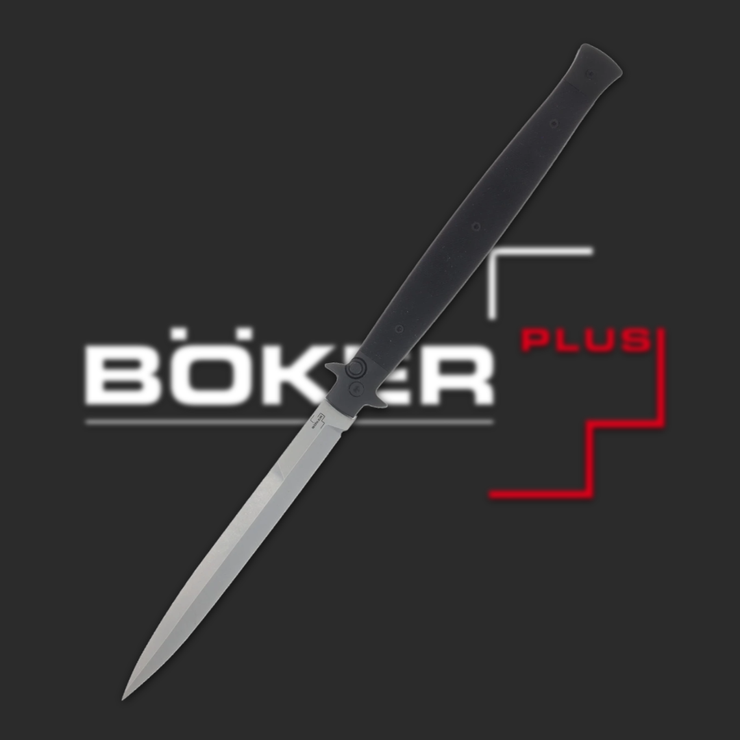 A sleek knife with a black handle and Böker Plus logo.