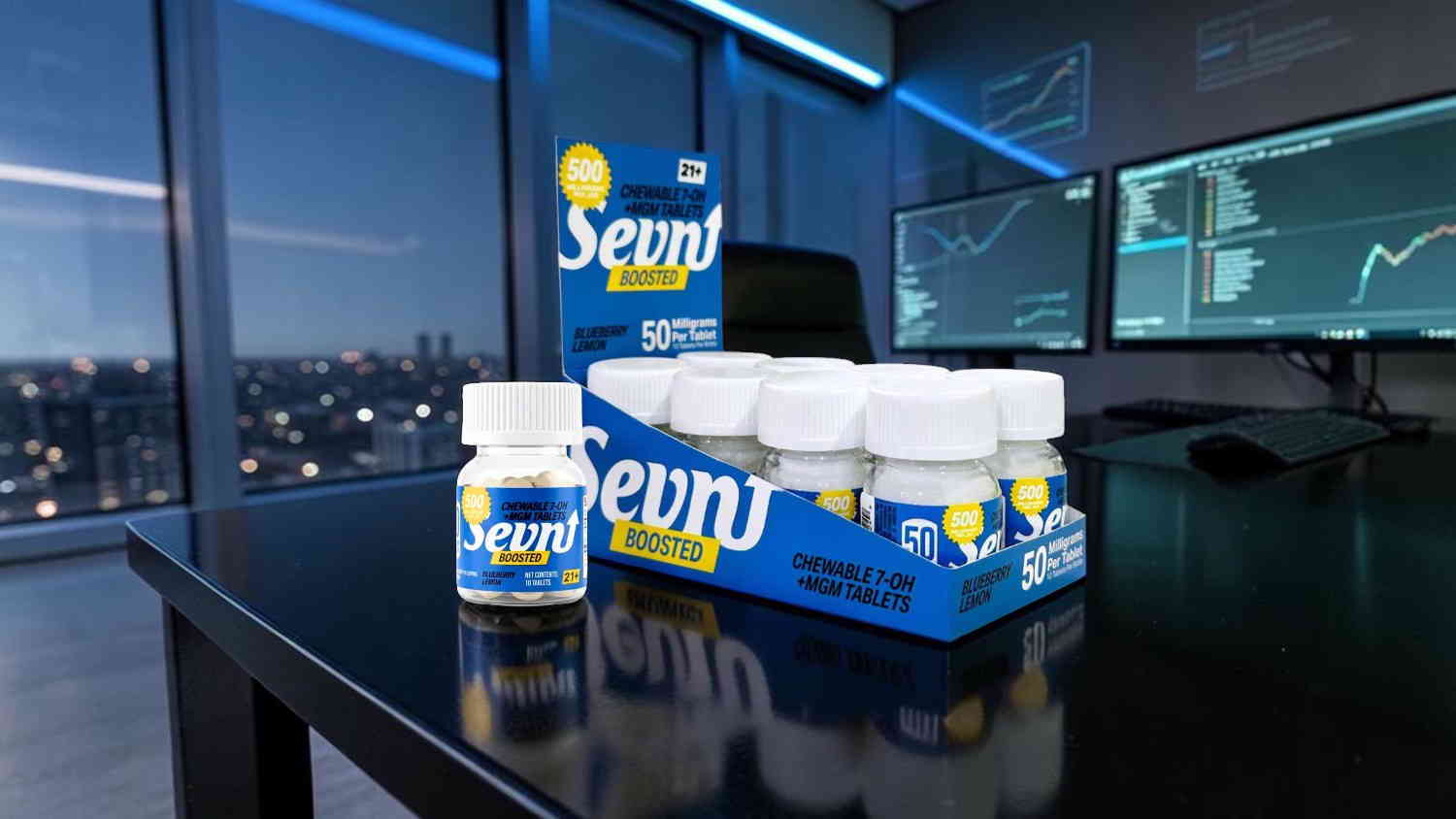 Bottles of Sevny supplements on a table with city view and computer screens.