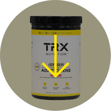 TRX Nutrition Aminos Adaptogens supplement container on a light background.