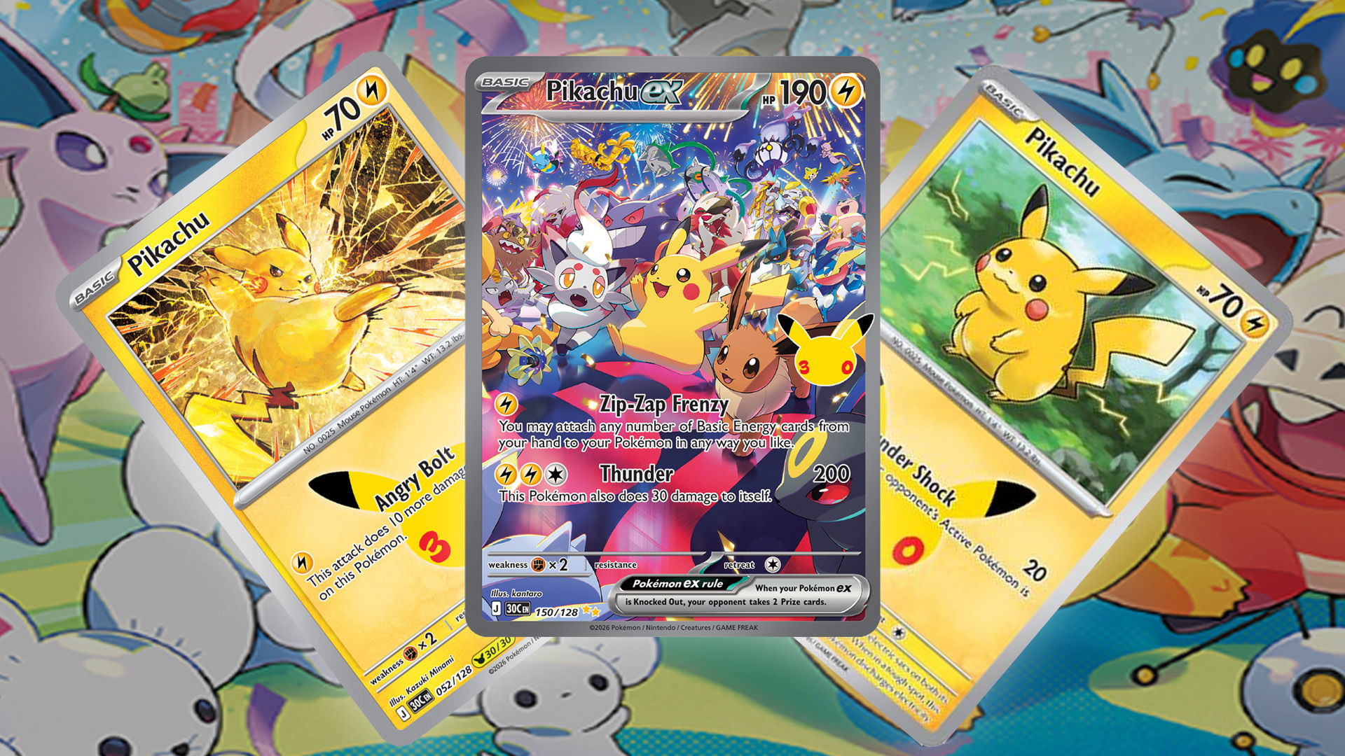 A selection of Pikachu cards from the Pokémon TCG's 30th Celebration set.