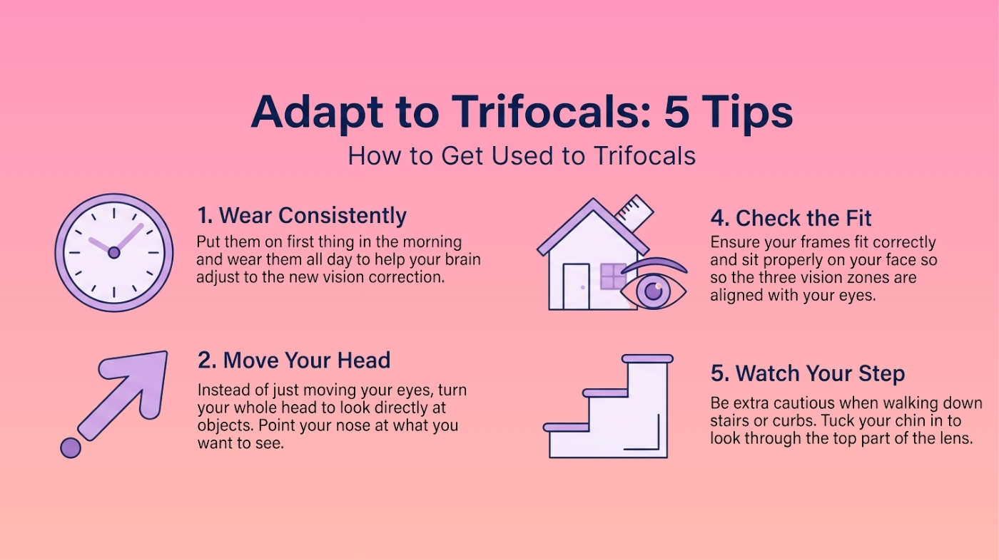Infographic showing 5 tips for adapting to trifocal lenses including wearing them consistently and adjusting head position
