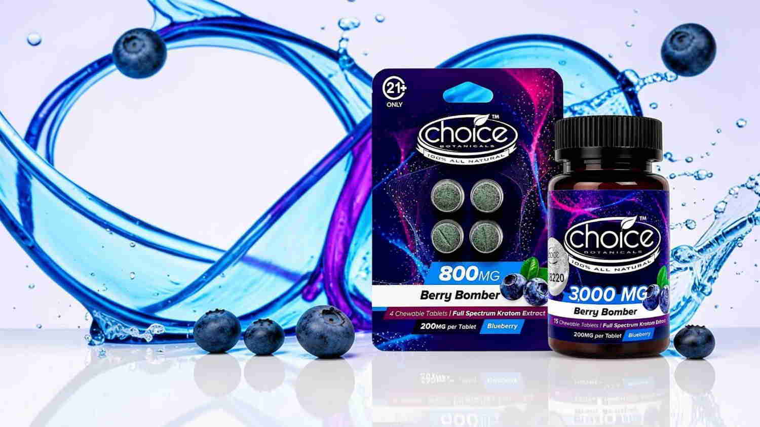 Dietary supplements displayed with blue swirling water and blueberries.