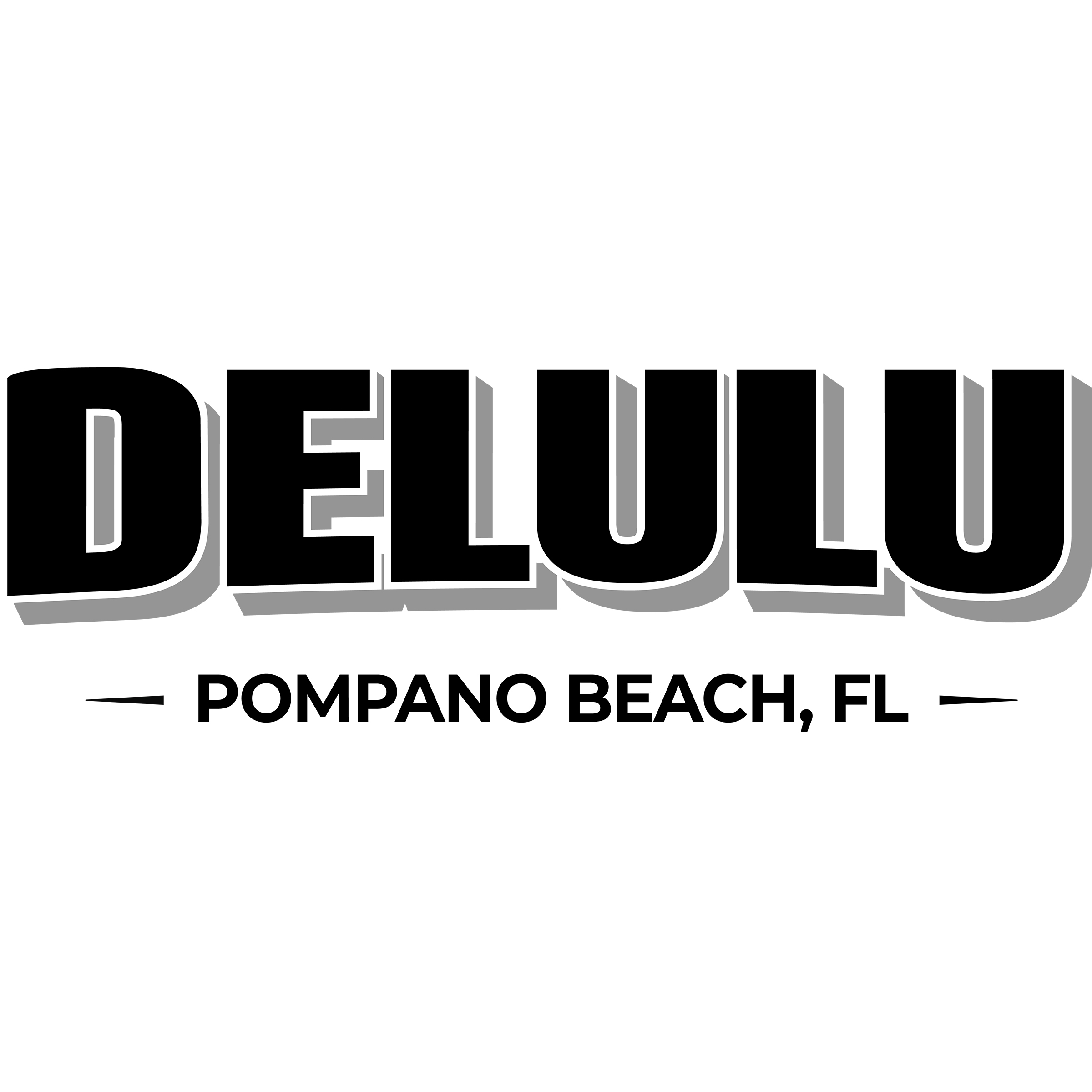 Delulu logo featuring bold black block lettering with a white outline and drop shadow, with “Pompano Beach, FL” centered underneath in smaller uppercase text.