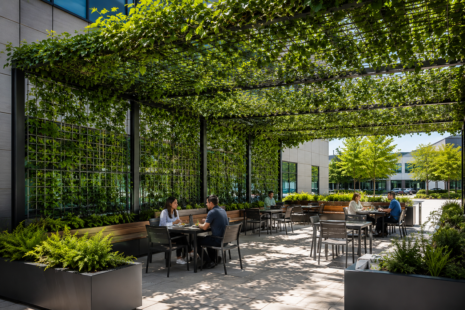 Outdoor seating area shaded by trellises on sides and over head with trailing greenery, with people dining and relaxing.