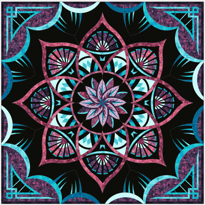 Colorful mandala design with intricate patterns on a black background.
