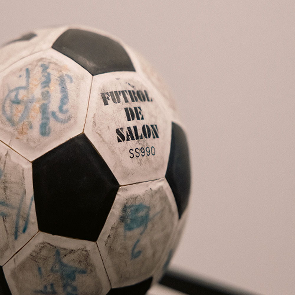 A close-up of a soccer ball with 