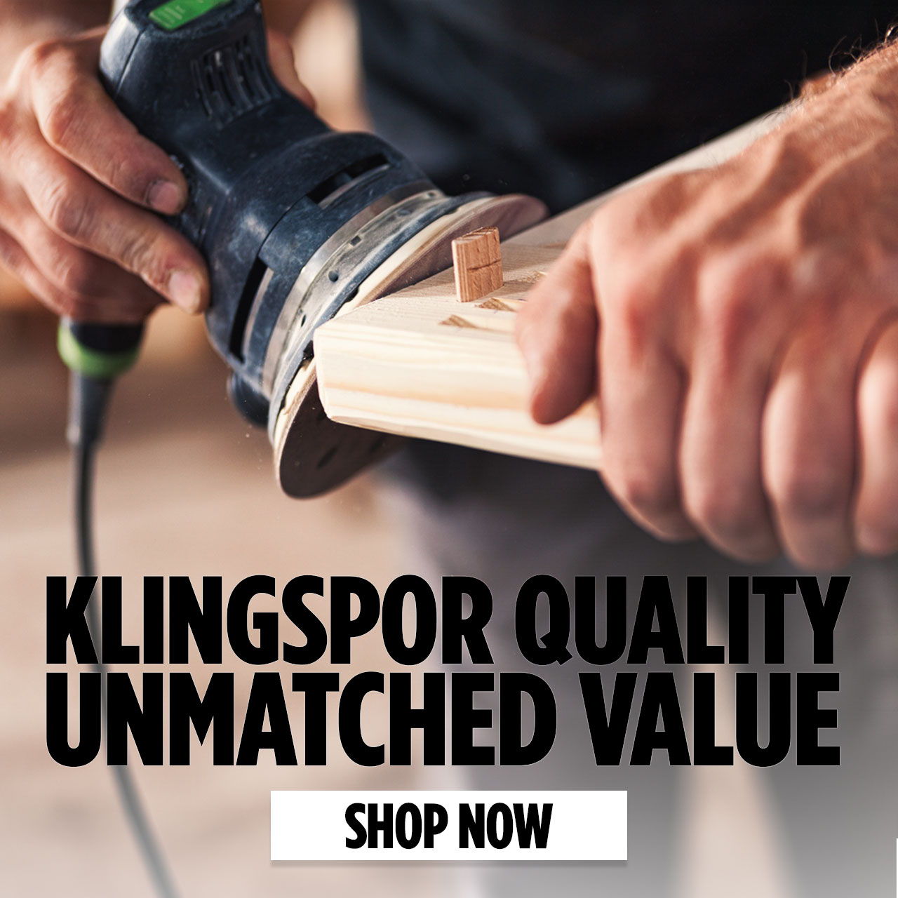 Person using a power sander on wood with promotional text.