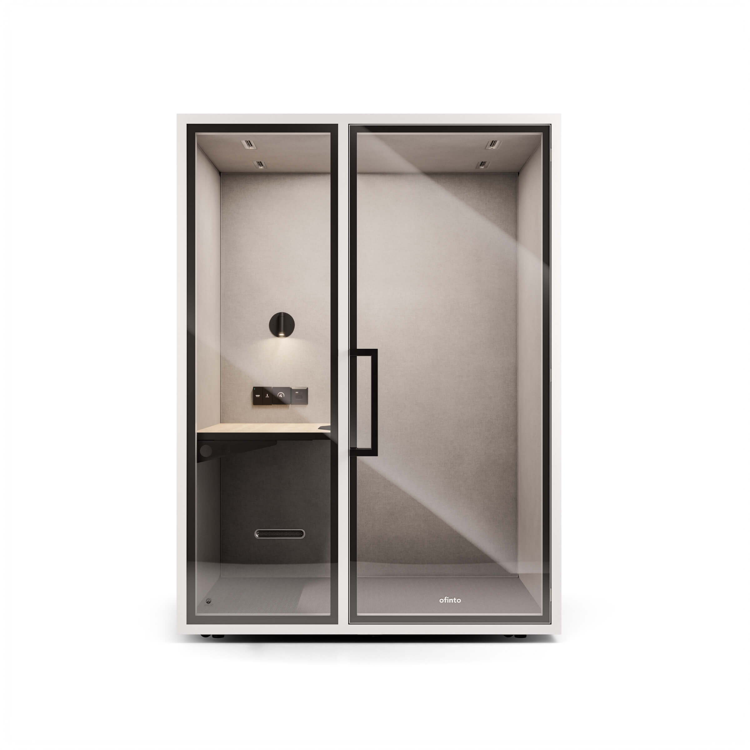 A modern soundproof phone booth with glass doors and interior features.