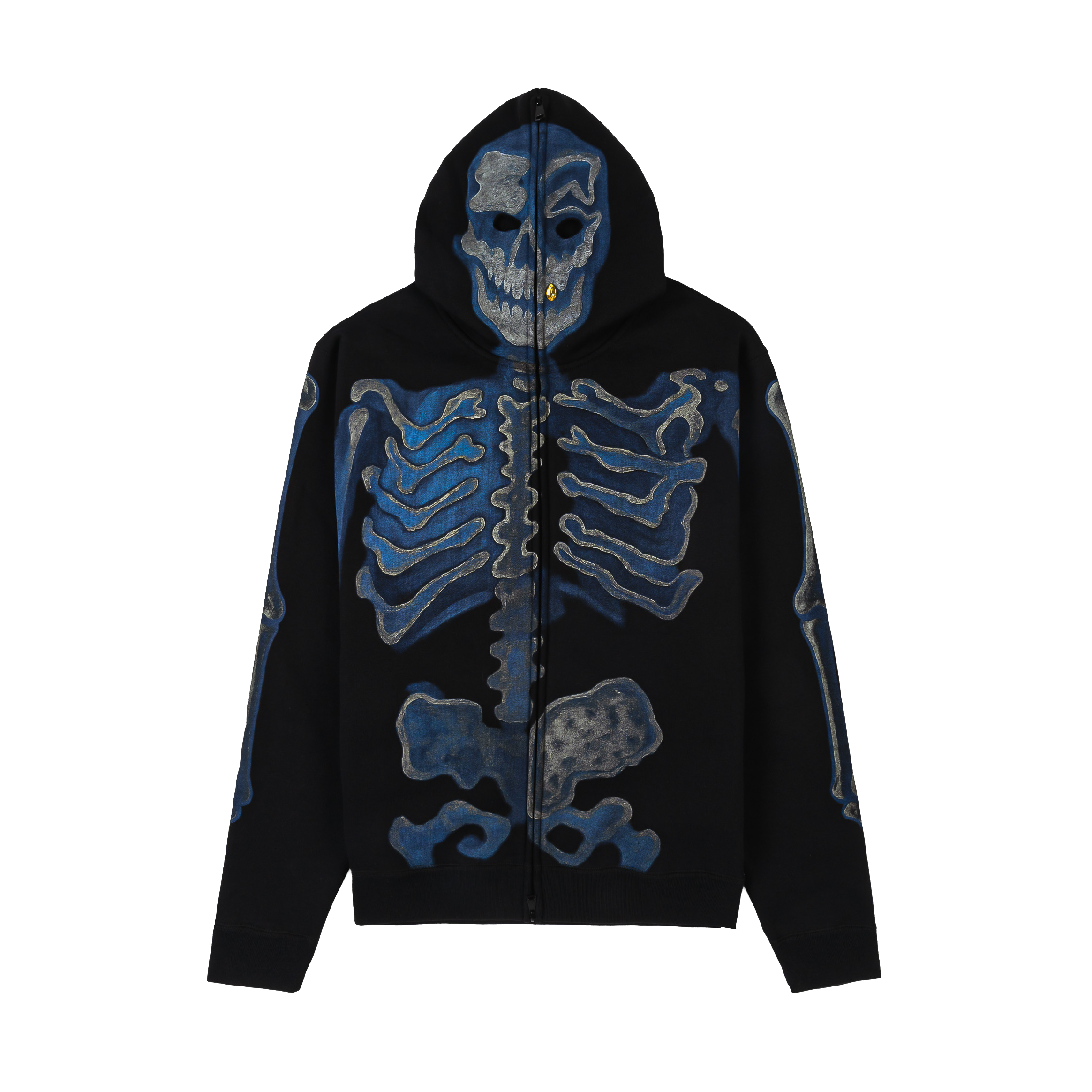 Black hoodie with blue skeleton graphic design on the front.