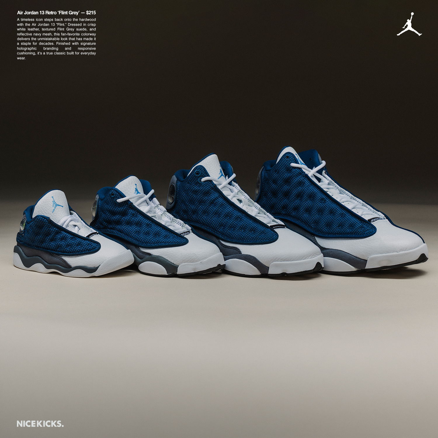 Four pairs of sneakers in varying sizes, featuring blue and white color scheme.