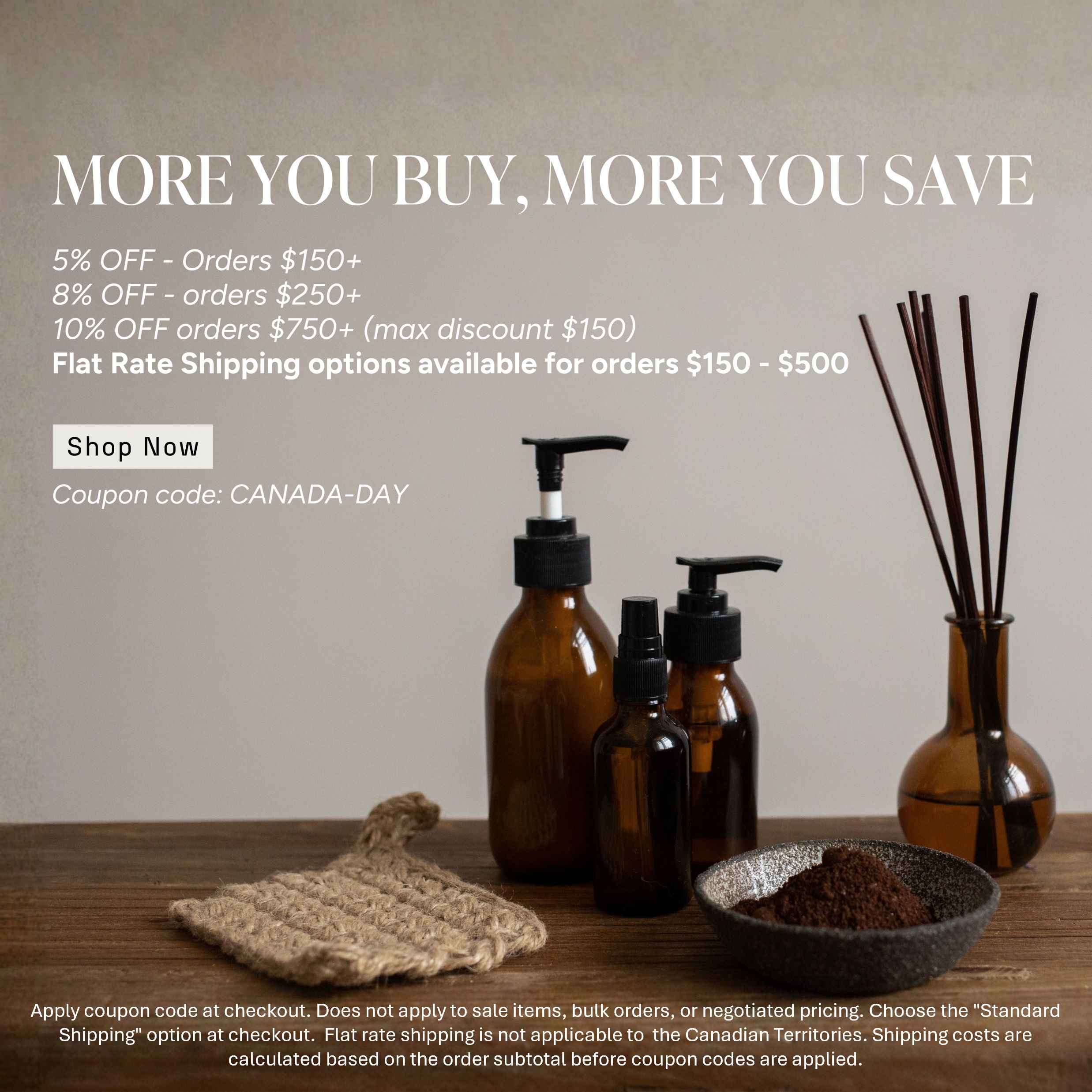 Promotional image featuring various bottles and home fragrance items on a table.