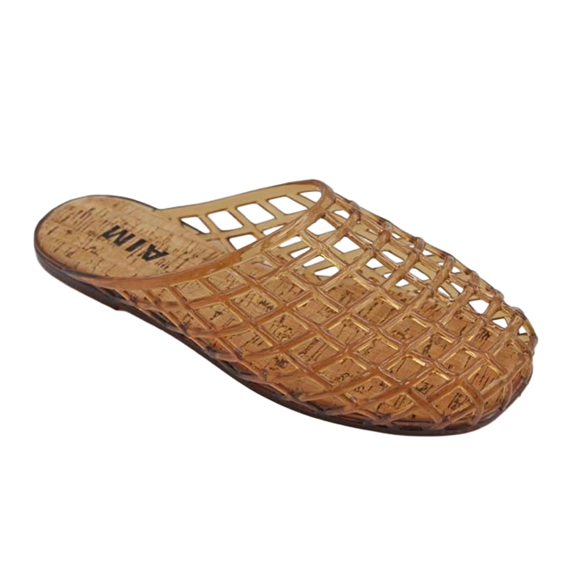 A brown, woven slip-on sandal on a white background.