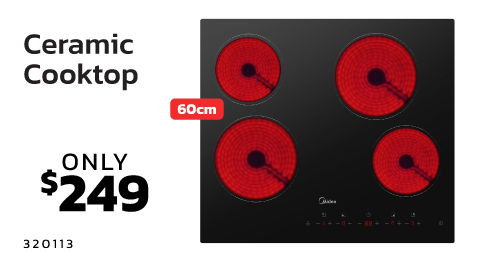 Ceramic cooktop with four red burners, priced at $249.
