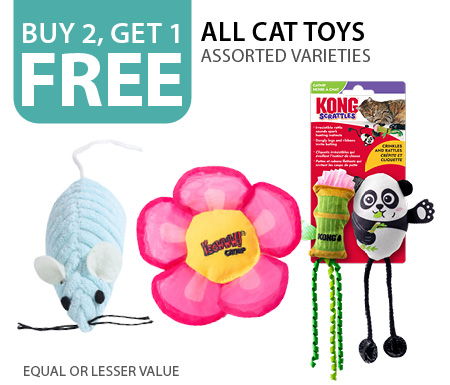 Buy 2, get 1 free cat toys. Equal or lesser value