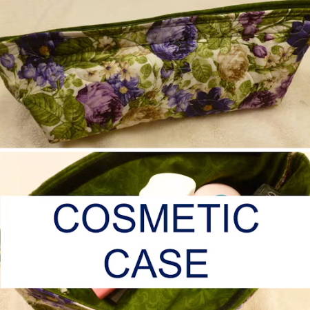 A quilted pouch to hold make-up with a scratch closure