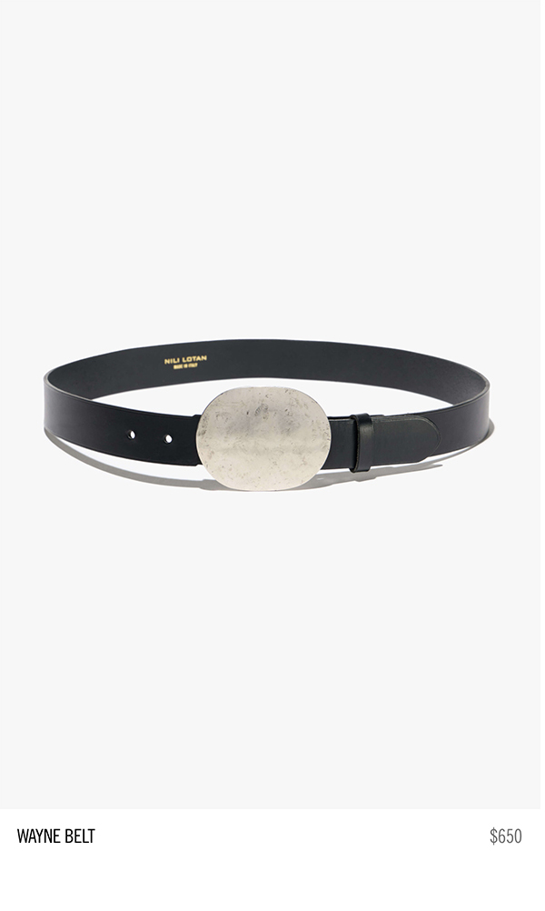Black belt with a silver oval buckle.