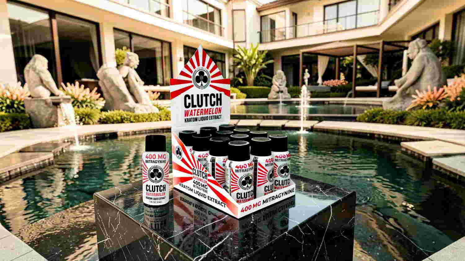 Display of Clutch product bottles beside a fountain in a luxurious setting.