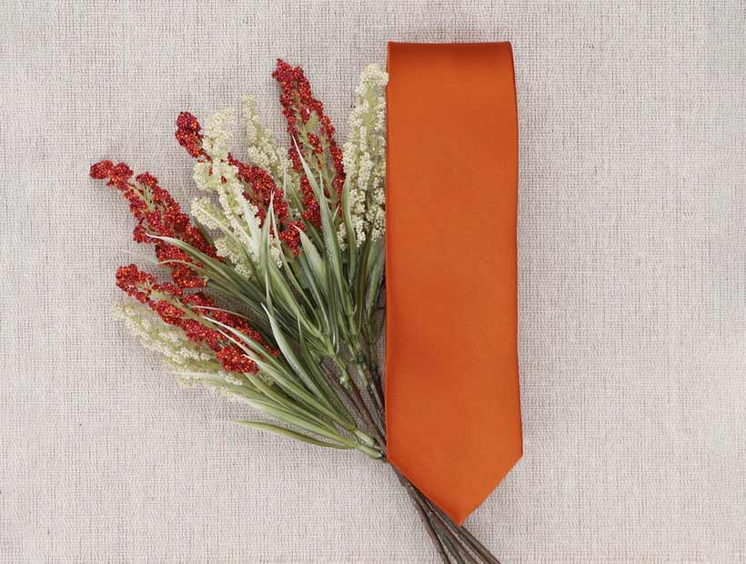 A burnt orange solid tie, folded and displayed on a cream textured background and subtle cream and red-orange flowers