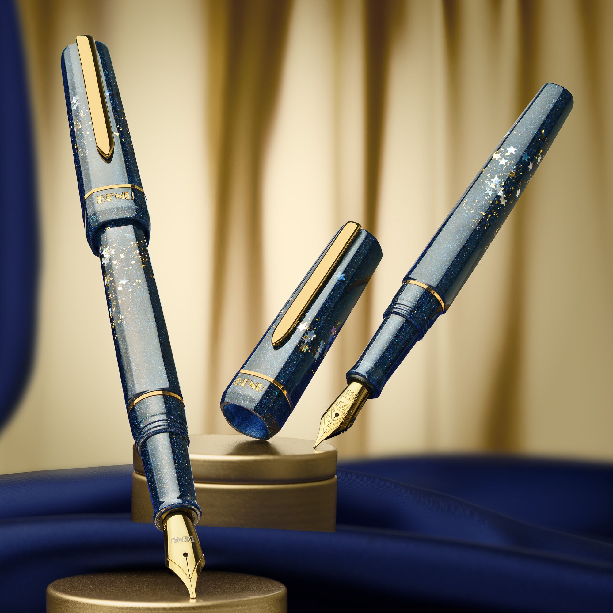 Benu Haute Movie Star Fountain Pens with a sparkly navy blue body with holographic star glitter