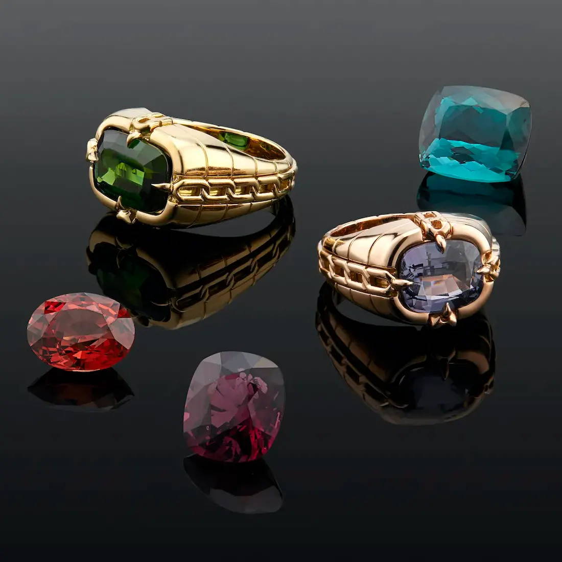 tourmaline and spinel gypsy rings and gemstones