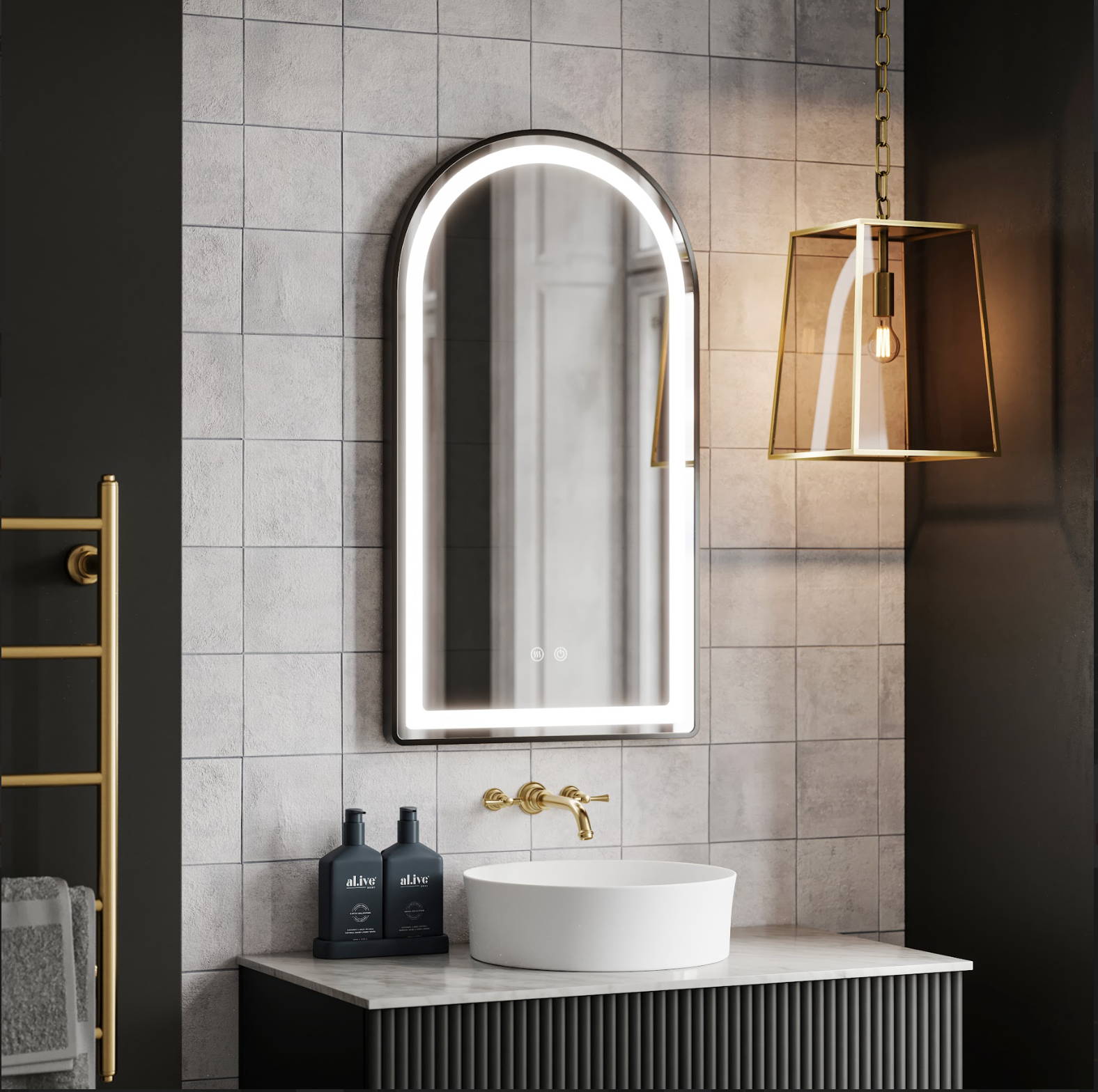 Moody bathroom with arch mirror and pendant light