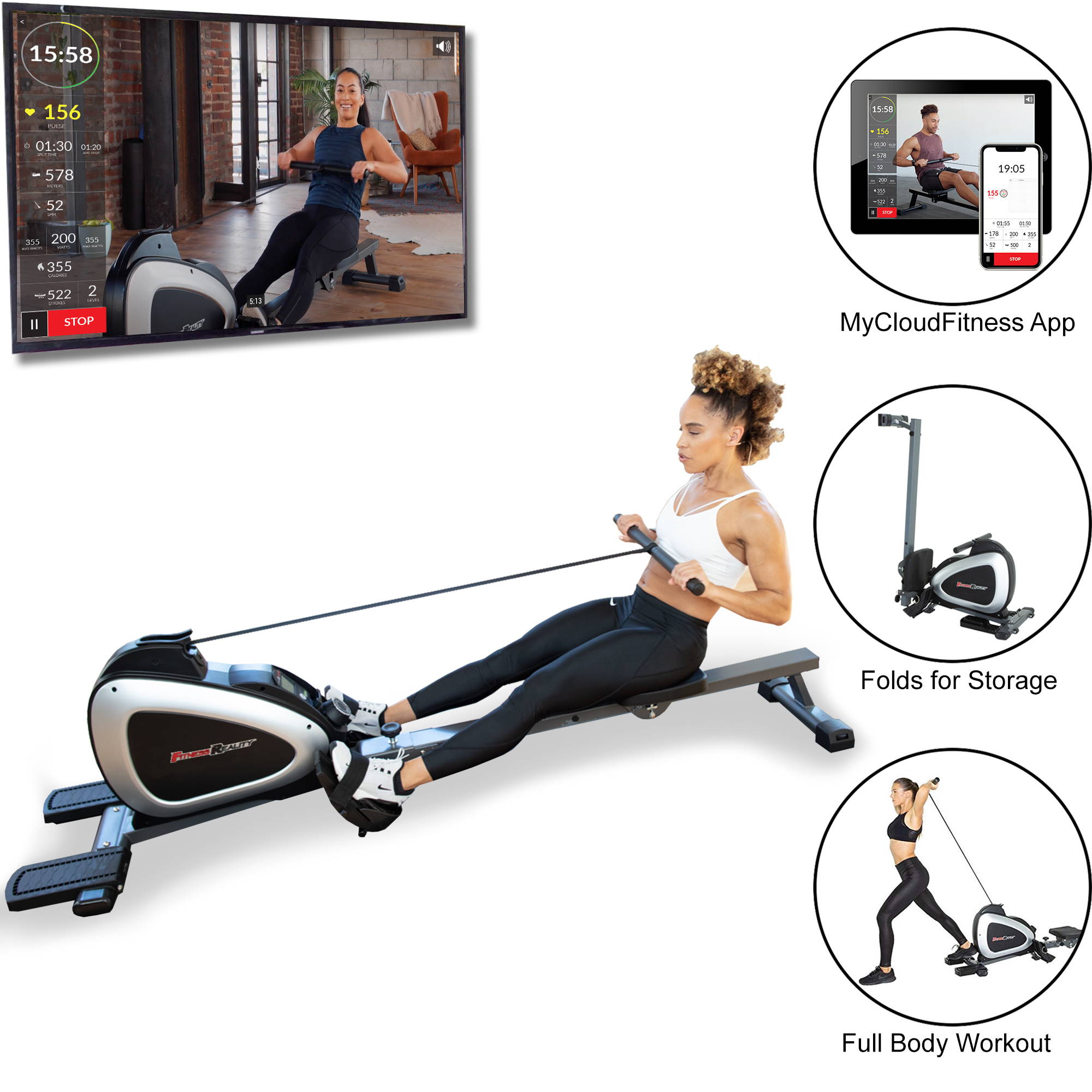 Fitness Reality 1000 Plus Bluetooth Magnetic Rower Rowing Machine With Extended Optional Full Body Exercises And Mycloudfitness App