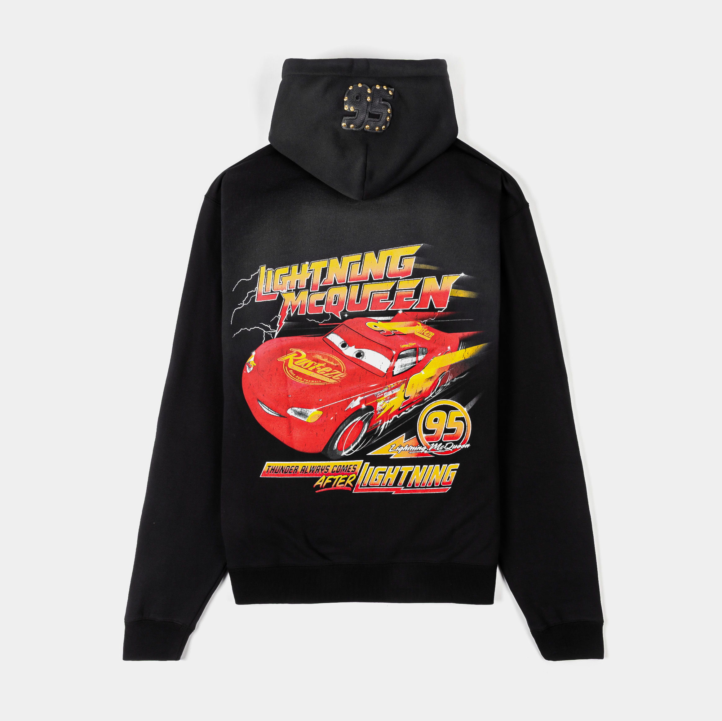 Black hoodie with flame designs on sleeves and logo on chest.