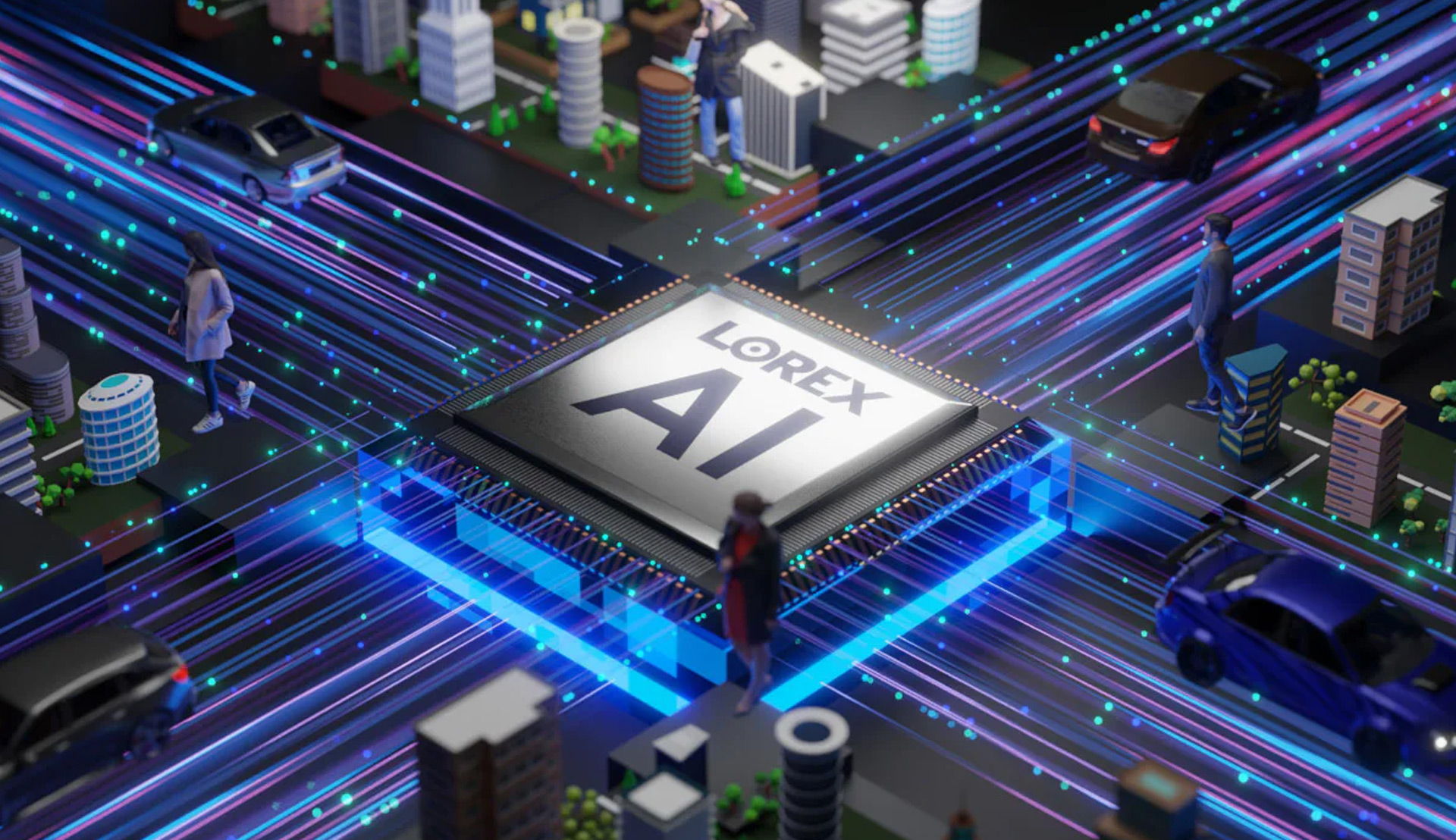 Lorex AI chip connected to smart city data streams, representing AI-powered security cameras with intelligent detection and video analytics