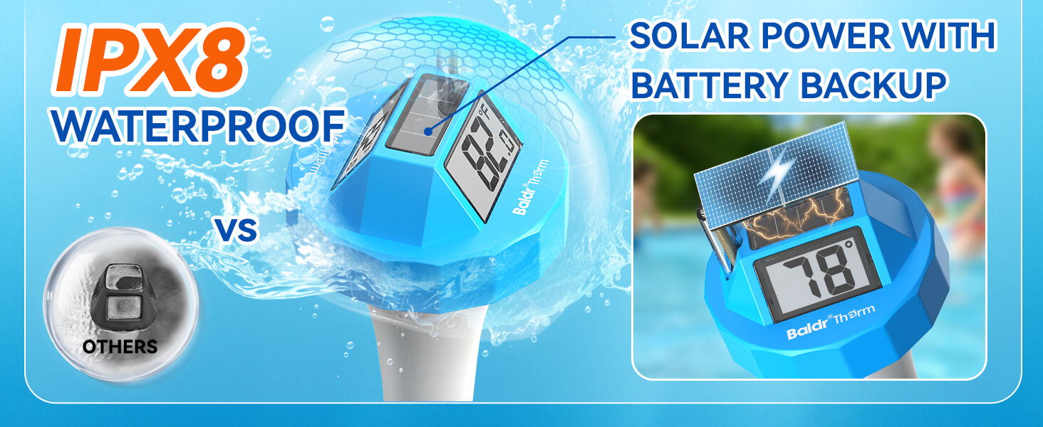 IPX8 waterproof device with solar power and battery backup features.