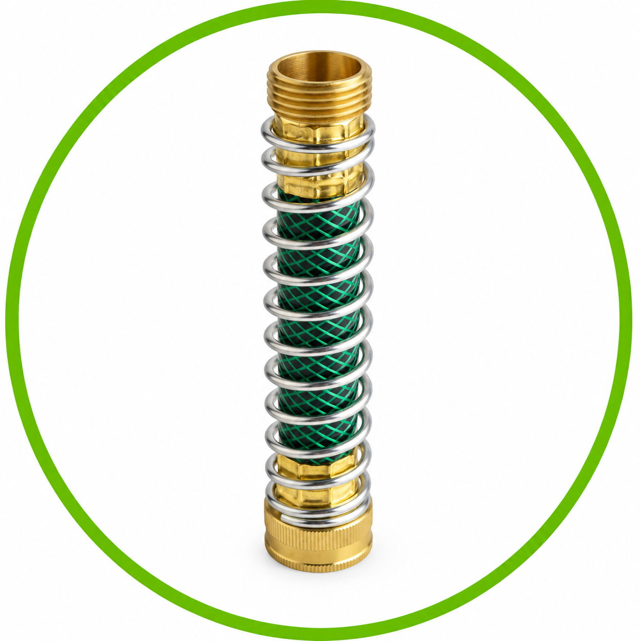 Metal hose nozzle with green rubber grip and spiral design.