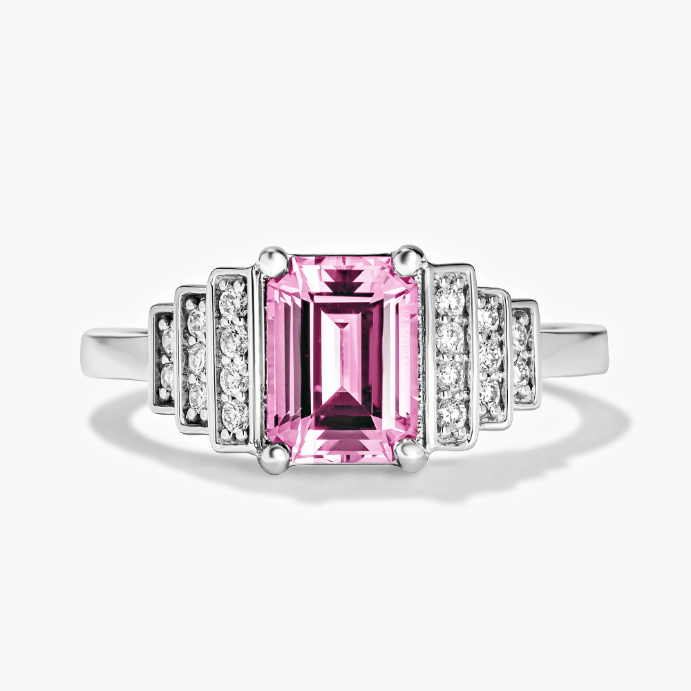 Antique vintage style multi-layer lab grown diamond engagement ring with accenting lab grown diamonds and a 2ct lab created pink sapphire center stone