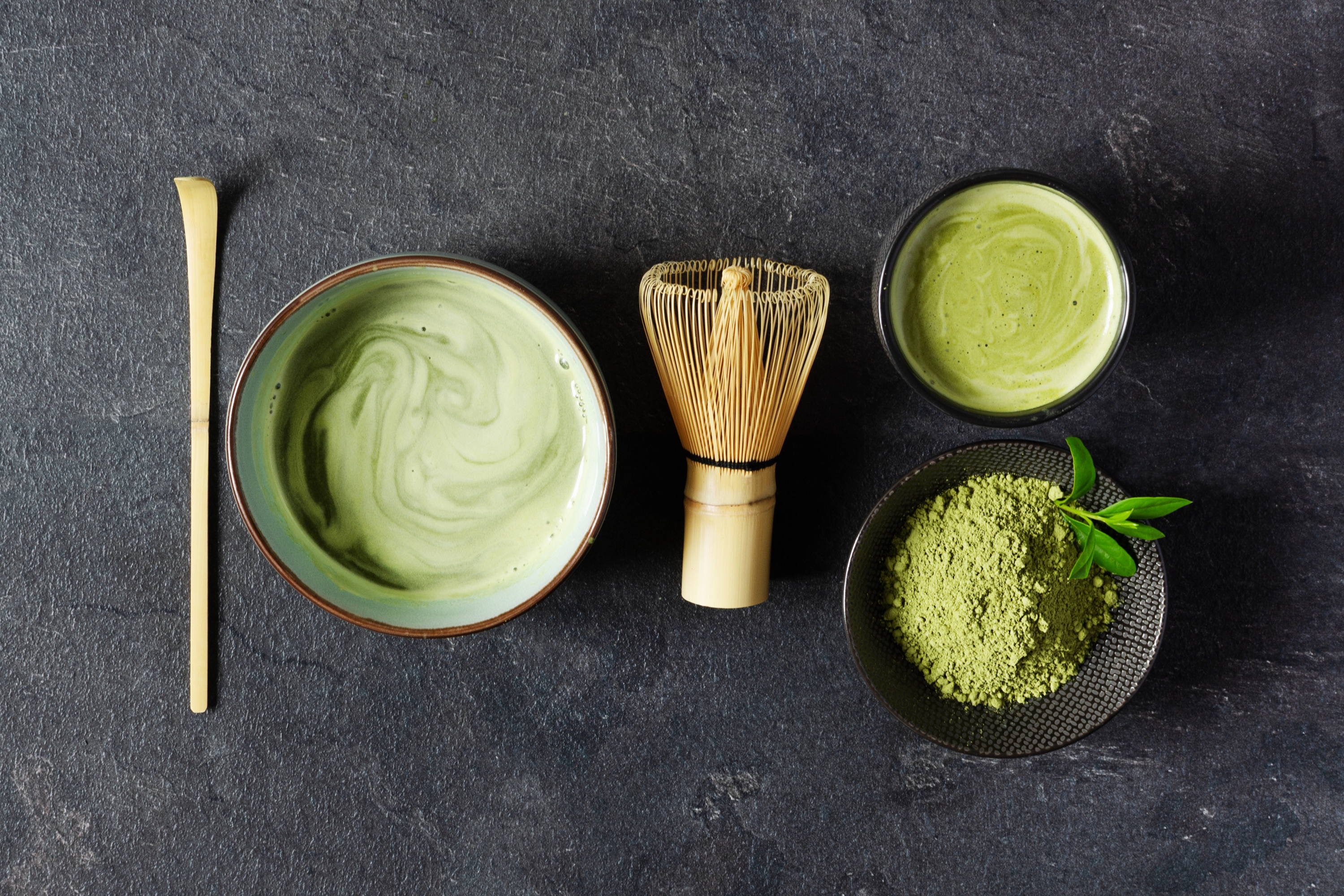 The tools of tea ceremony: A chawan (tea bowl), cha sen (bamboo tea whisk), and chashaku (tea ladle)