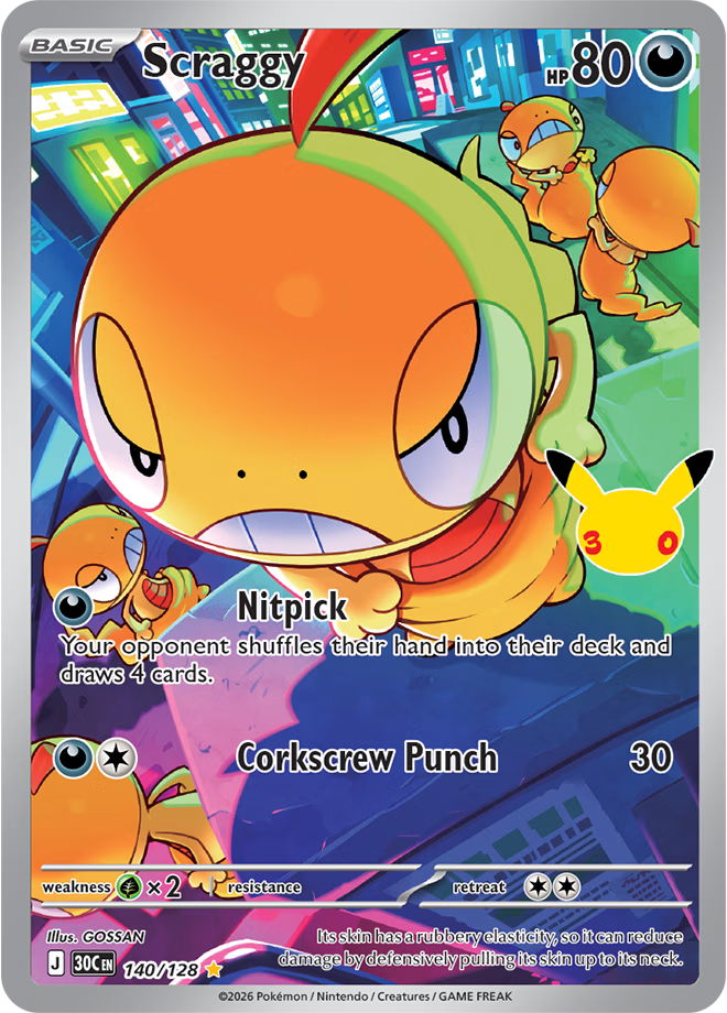 The Illustration Rare Scraggy card from the Pokémon TCG's 30th Celebration Set.