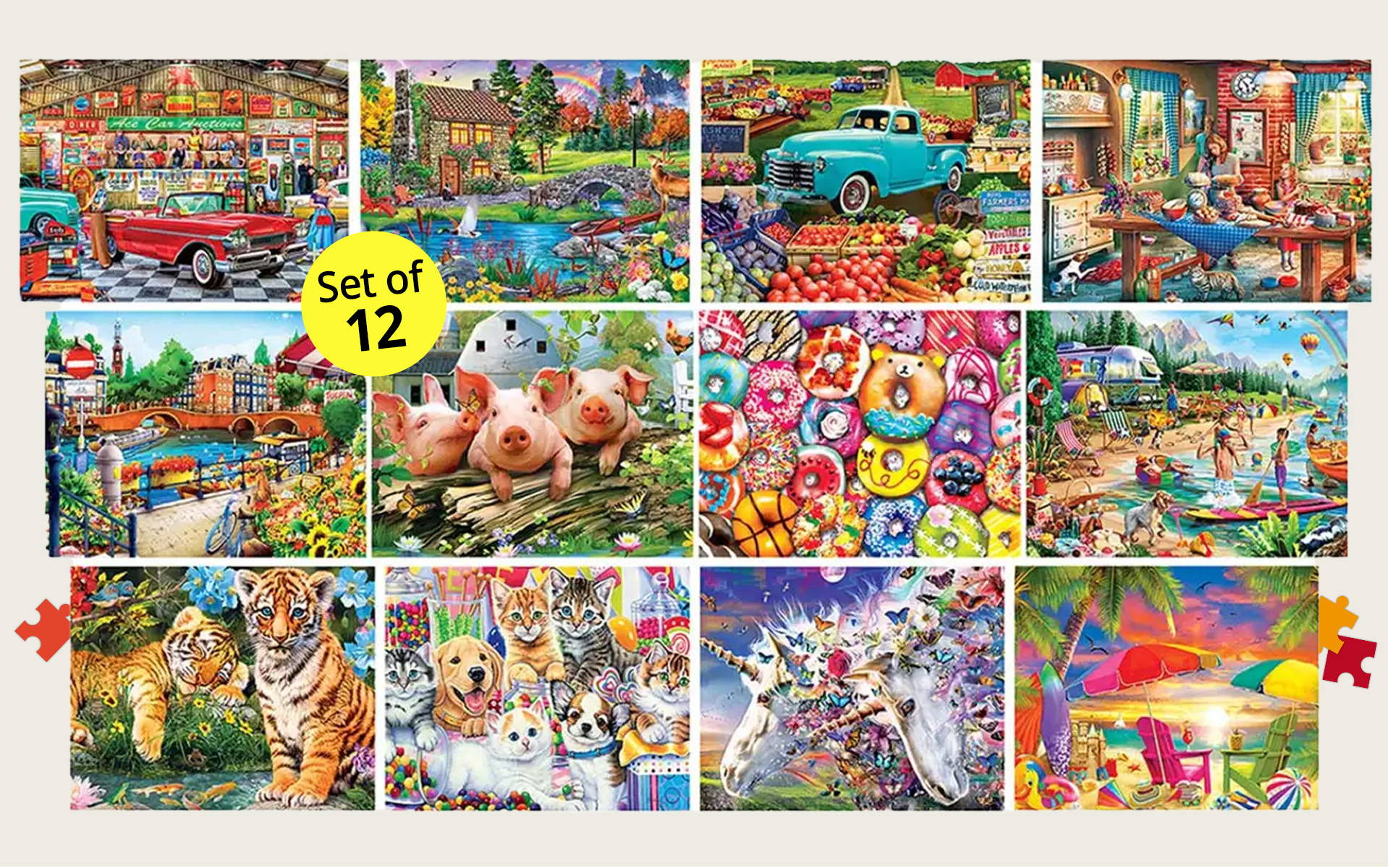 Text: Set of 12. Image: Masterpieces Puzzle Co Artist Gallery Bundle II Jigsaw Puzzle.