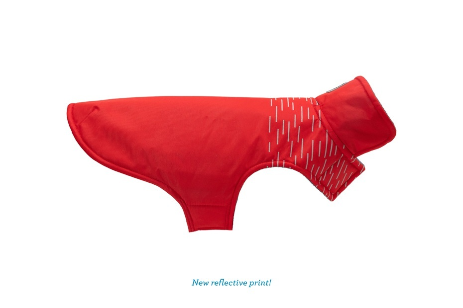 Red dog coat with a patterned design on the back.