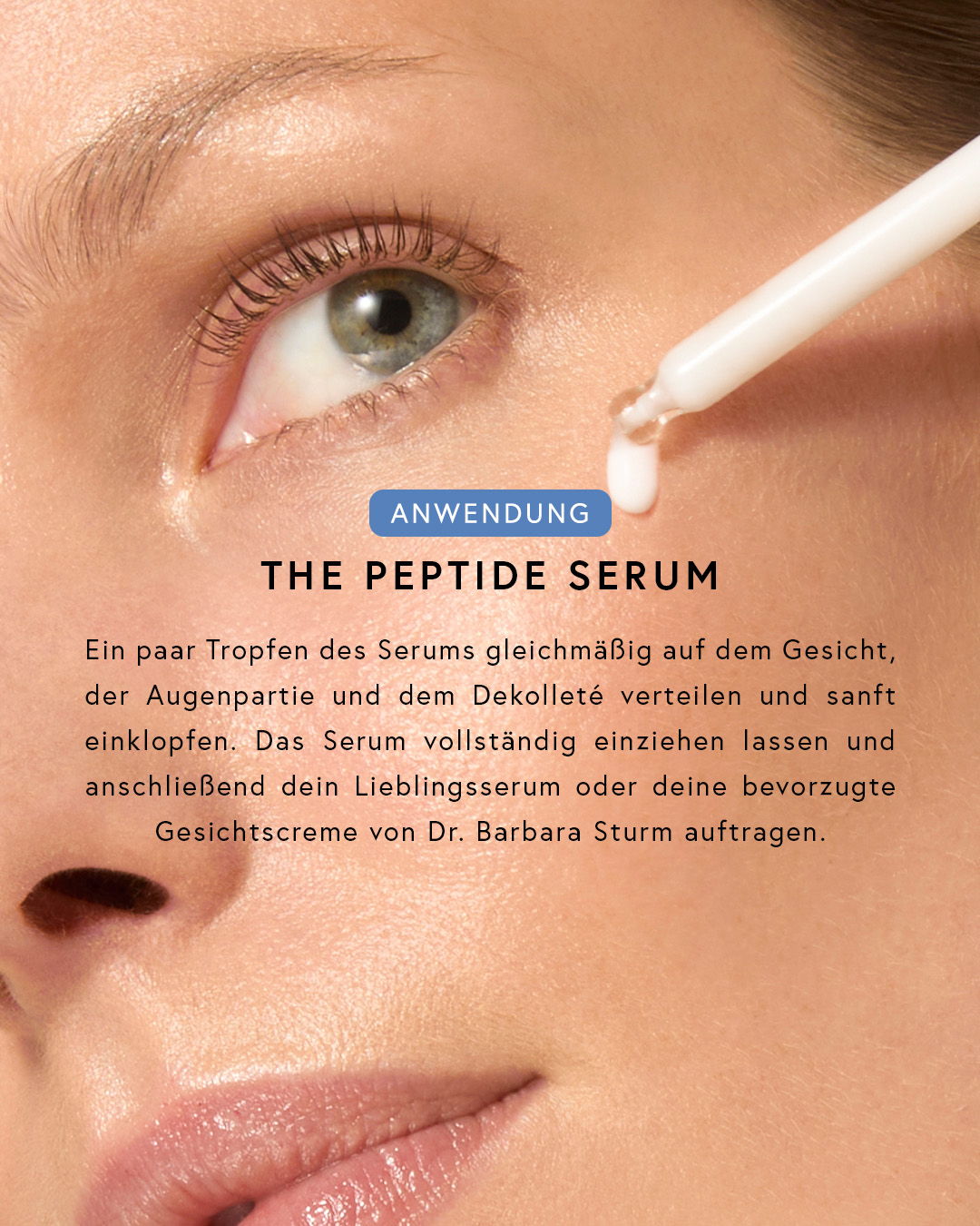 Close-up of a person applying peptide serum to their face.