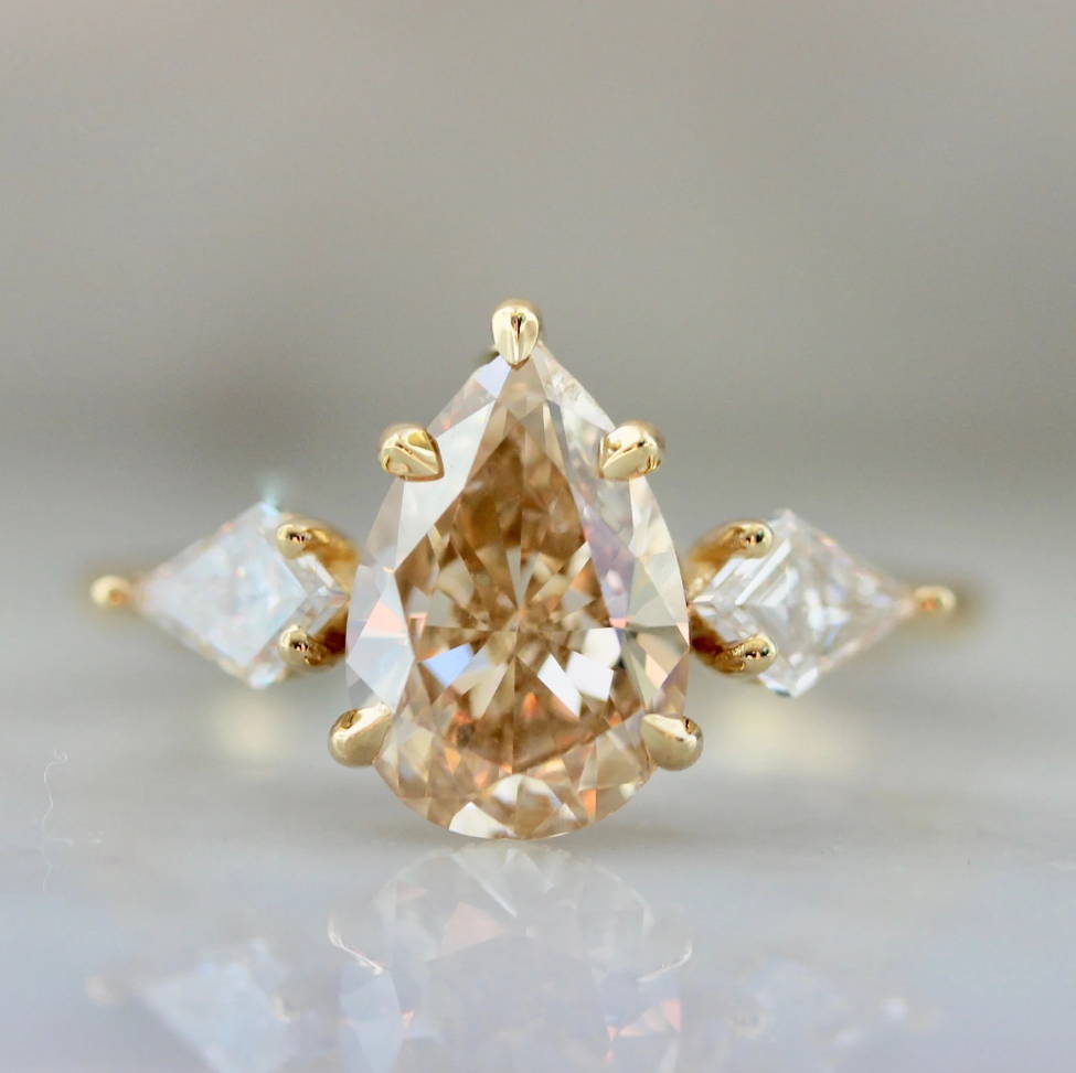 champagne pear shaped 3 stone diamond ring