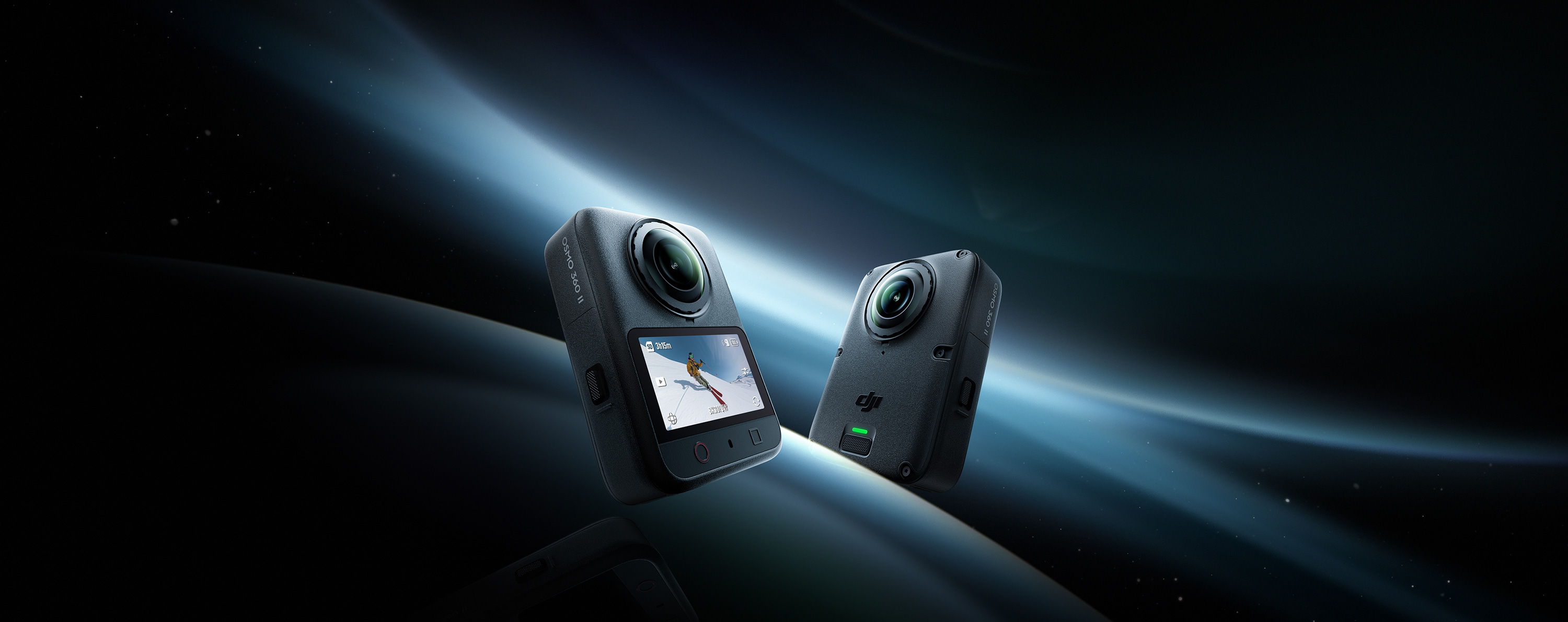 Two DJI Osmo 360 II cameras against a dark background with blue light accents.