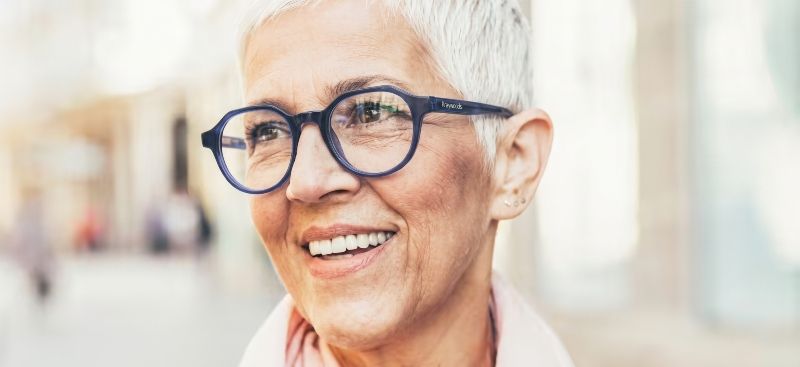 Woman wearing Wonder Navy progressive glasses