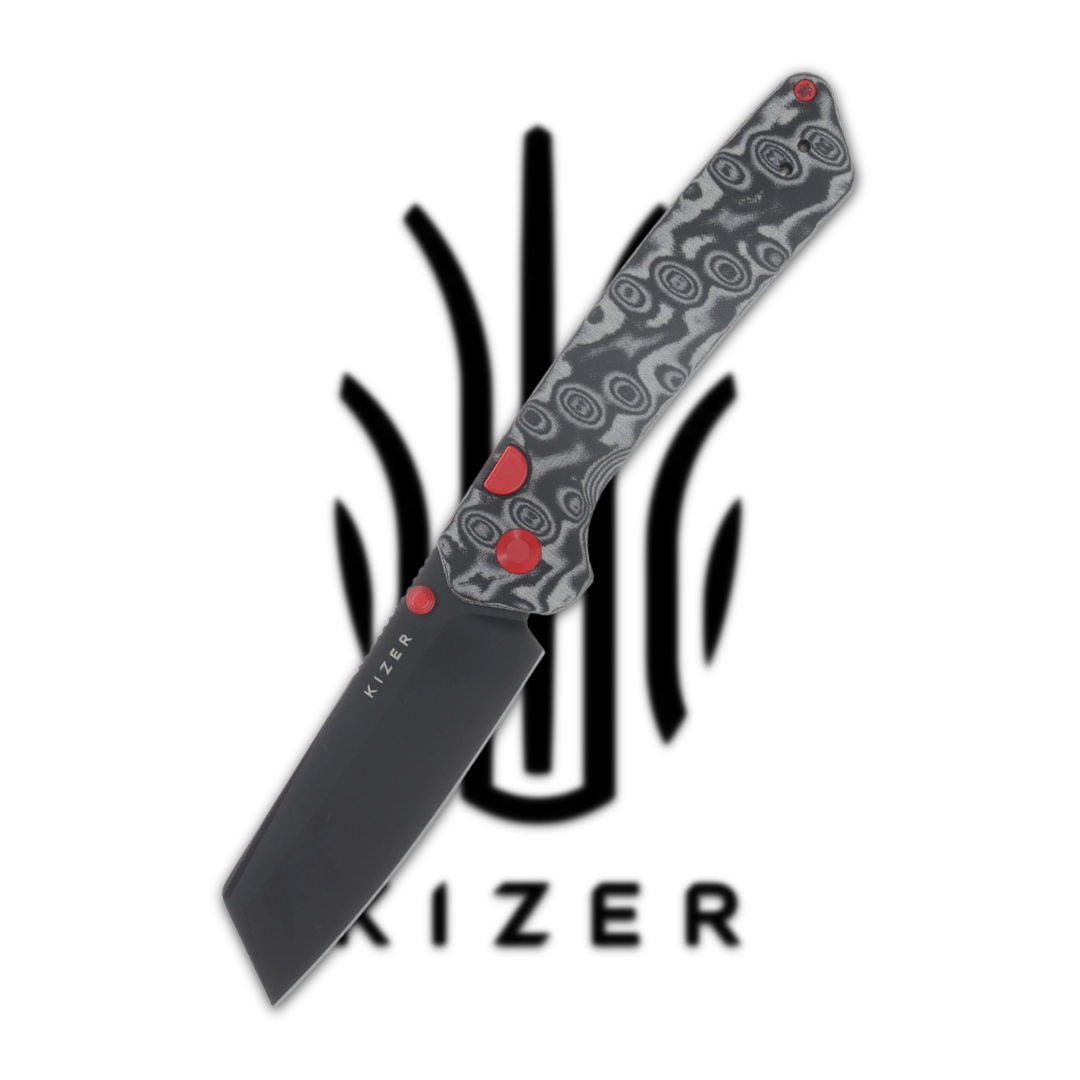 Kizer knife with a patterned handle and logo in the background.