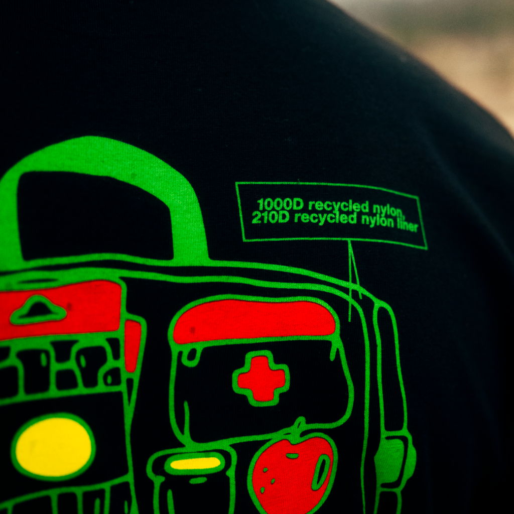 A graphic of a backpack with recycling statistics.